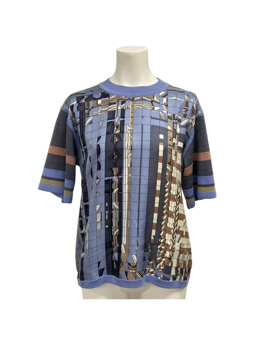 Hermes Short Sleeve Top M 5 Dd Blue Gray Multi Twillaine Wool Silk 40